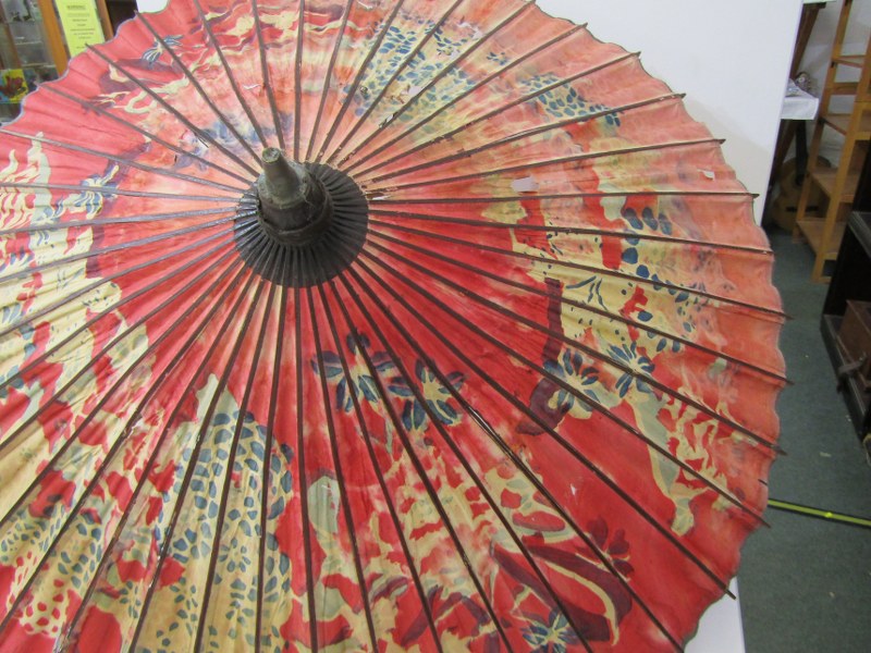 WALKING STICKS & PARASOLS, oriental hand painted, floral decorated parasol, a leather handled - Image 5 of 11
