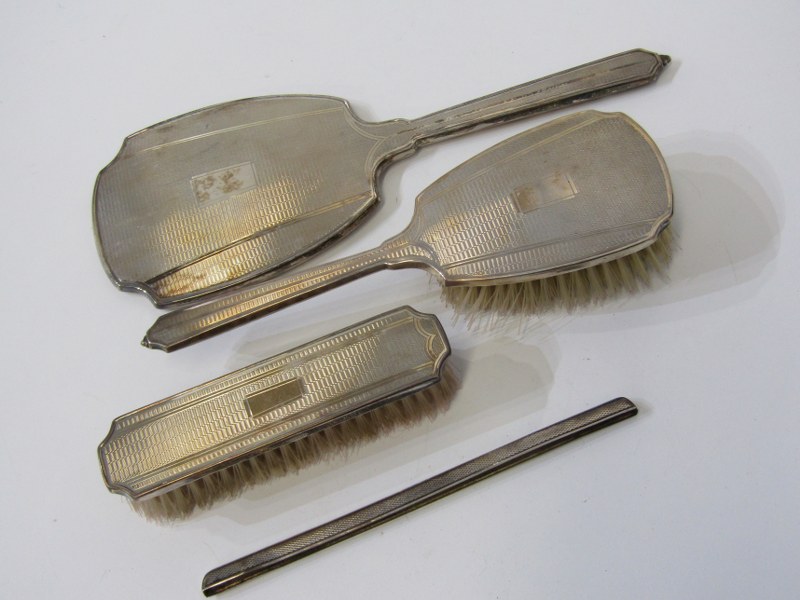 SILVER 3 PIECE DRESSING TABLE SET, with hand mirror and 2 brushes, with engine turned decoration, - Image 2 of 3