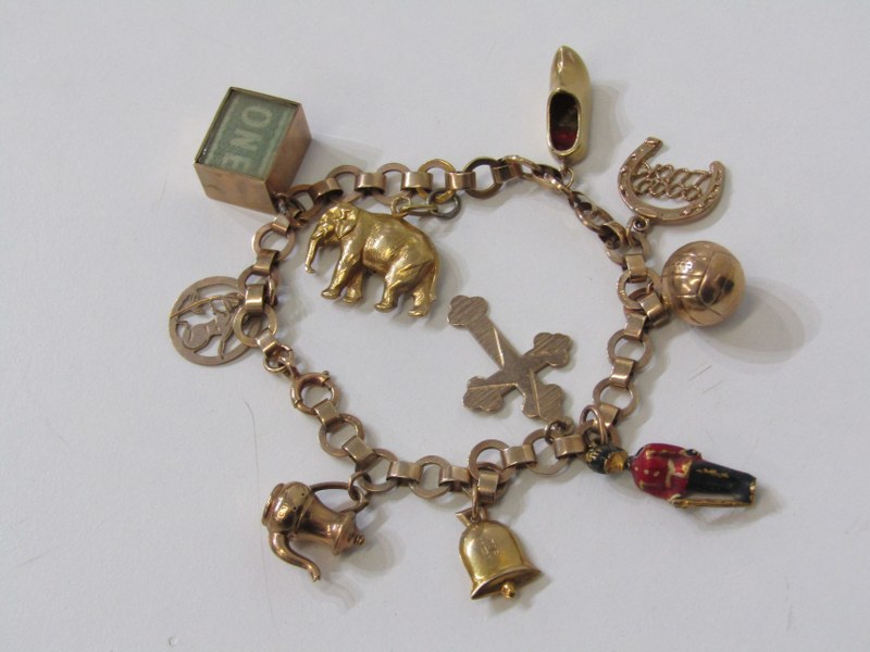 GOLD CHARM BRACELET, 9ct gold bracelet set with 10 charms, 18.5 grams