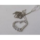 9ct WHITE GOLD STONE SET HARP PENDANT, on fine curb link chain