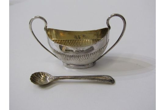 SILVER SALTS, pair of oval twin handled fluted base salts, Sheffield 1942, with matching spoons - Image 2 of 4