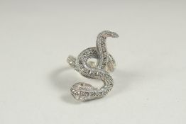 A silver and marcasite snake ring, size Q, in a box.