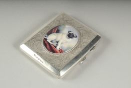 A STERLING SILVER CIGARETTE CASE with an enamel of a dog.Birmingham 1925, 63gms.