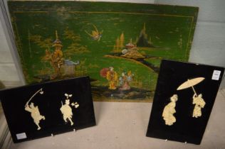 A pair of Japanese lacquer panels together with a large green lacquer panel, all with figural