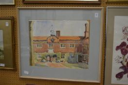 Judy Cooper, The courtyard George Abbot Hospital, watercolour, signed.