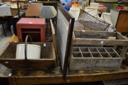 Miscellaneous bygones etc to include galvanised bath tub, wooden troughs, bottle carriers etc.