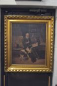 Interior scene, elderly gentleman smoking a pipe and reading a paper with dogs by his side, oil on