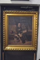 Interior scene, elderly gentleman smoking a pipe and reading a paper with dogs by his side, oil on
