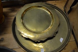 A large brass tray, brass dishes, copper pan etc.