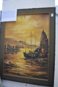 N K 'Nikit' Kampan, Fishing boats in a harbour, oil on canvas, signed.