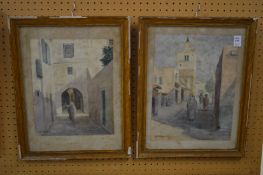 A pair of watercolours depicting Middle Eastern street scenes.