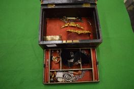 Leather jewellery box with contents.