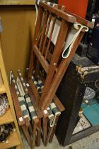 Three folding directors style garden chairs and three Victorian cane seated balloon back chairs.