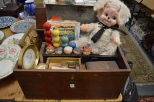 A large mahogany box containing miscellaneous collectables.