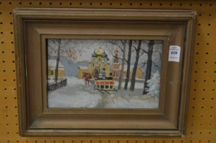 Russian School, Figures on a horse drawn sleigh in a snowy landscape, oil on board.