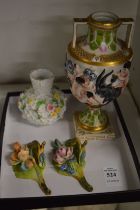 A small capodimonte twin handled urn shaped vase and other decorative china.