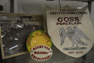 Goss crested china, shop sign together with a print of China Works and a Goss dish.