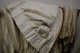 A good group of five cream and beige striped curtains, one pair measuring 194cm wide x 252cm long