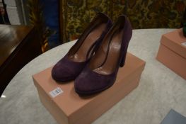 A pair of ladies Miu Miu mauve suede shoes, size 36.5, boxed.