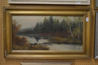 T Wood, Wooded river landscape, oil on canvas, signed.