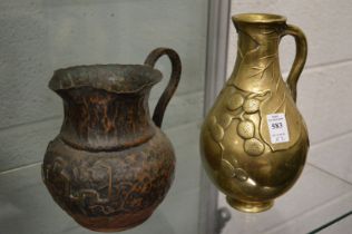 A Japanese cast brass jug together with a copper jug.