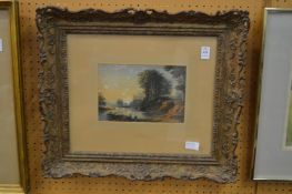 J Varley, Figures by an inlet with ruins beyond, watercolour, in a decorative gilt frame.