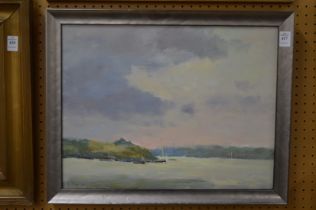 Coastal landscape with boats, oil on canvas.