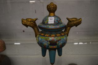 A good Chinese cloisonne tripod censer and cover.