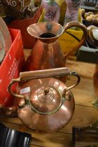 A collection of copper ware to include kettle, harvest jug, jardiniere etc.