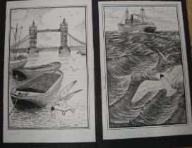 NEAVE PARKER, artist & illustrator, coll'n of 6 b/w. scraperboard illustrations for "Larry