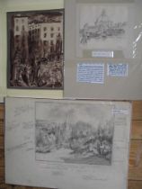 [SKETCH] 3 sketches of cityscapes in pencil, pen and ink, inc. original Frank Lewis pencil sketch of