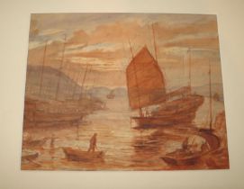 HONG KONG: an original watercolour sketch of Chinese junks in Aberdeen Harbour by Capt. Ralph