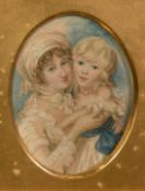 19th Century English School, a portrait of Mrs Clements and her son Johnnie, watercolour, 3.25" x