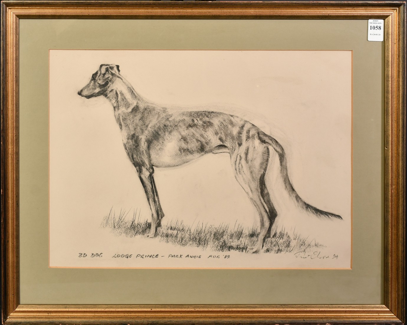 Circle of Bryan Organ, a study of a racing greyhound, charcoal, indistinctly signed and inscribed, - Image 2 of 4