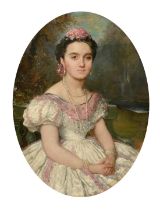 Late 19th Century French School, a portrait of a lady with pearls in a formal park, oil on canvas,