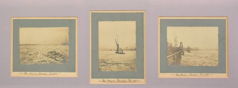 Three photographs of 'The Frozen Thames, Feb 1895', each around 2.75" x 3.75" (7 x 9.5cm) mounted in