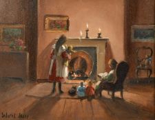 Deborah Jones (1921-2012), children with dolls and a cat by the fireside, oil on board, signed, 8" x