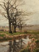 Jose Weiss (1859-1919) France, a tree lined river landscape, oil on panel, signed, 13" x 10" (33 x