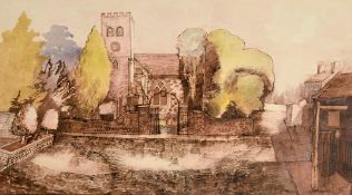 Neil Meacher (1934-2010), Shepperton Church, watercolour, signed and indistinctly dated, 10" x