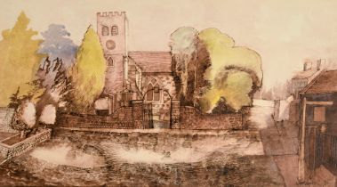 Neil Meacher (1934-2010), Shepperton Church, watercolour, signed and indistinctly dated, 10" x