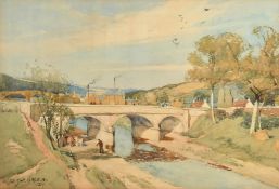 Tom Scott (1854-1927), 'Leader Bridge, Earlston', watercolour, signed and dated 1889, artist's label