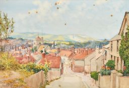 19th Century, A village view with a church from top of a lane and hills in the distance,