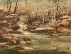 Leist, 20th century, a waterfall in a stylised landscape, oil on board, signed, 14" x 18" (36 x