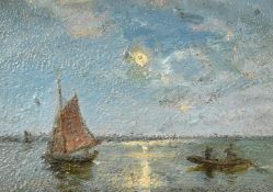 Attributed to Alfred Wahlberg (1834-1906) Swedish, fishing boats under moonlight, oil on card, 2.
