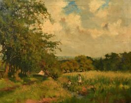 H B Davis, Circa 1925, a view of children picking wildflowers in a landscape, oil on canvas, signed,