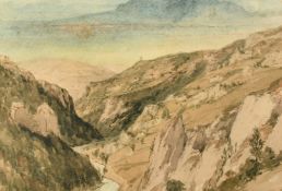 Circle of William James Muller, a landscape view through a rocky valley, watercolour, 9" x 13" (23 x