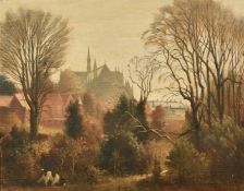 Modern British School, a spaniel on a woodland path with a cathedral beyond, oil on canvas,