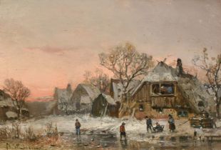 Adolf Stademan (1824-1895) German, figures gathered by a frozen pond at dusk, oil on board,