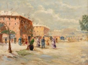 Early 20th Century Continental School, elegant figures gathered in a busy city street, oil on
