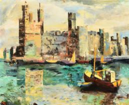 20th Century, a view of Caernarfon Castle, oil on board, 16" x 21", (41 x 53cm), (unframed).